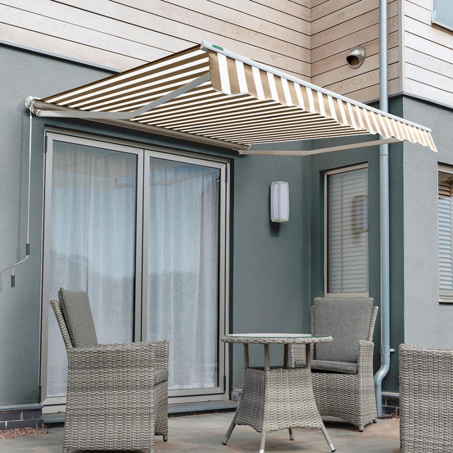 2.5m Half Cassette Electric Awning, Mocha Brown and White Stripe